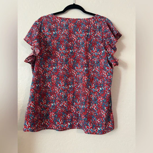2X Red Floral Ruffle‎ Sleeve Blouse – Teal Accents - Picture 3 of 4